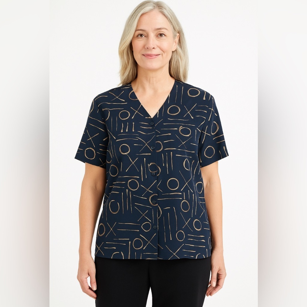 Jones New York 100% Silk Blouse 14P Navy Geometric Print‎ Button Front Petite